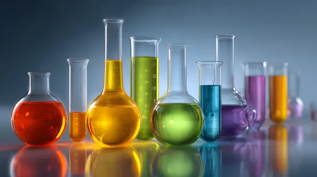 Verschiedene Laborgläser mit bunten Flüssigkeiten