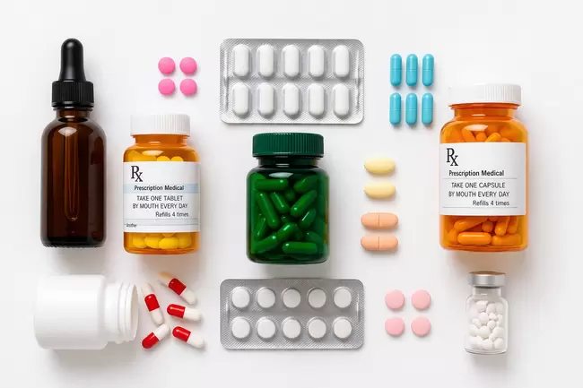 Verschiedene Medikamente und Pillen auf weißem Hintergrund