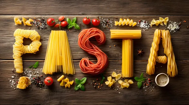 Verschiedene Nudelformen und Zutaten auf rustikalem Holz