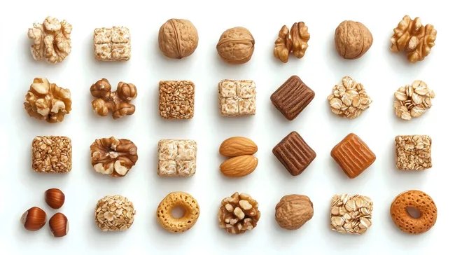 Verschiedene Nüsse und Müsliriegel in Nahaufnahme