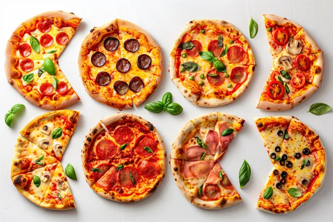 Verschiedene Pizzen auf weißem Hintergrund