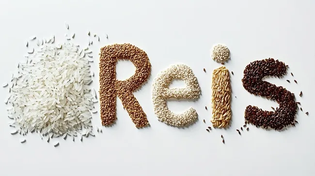 Verschiedene Reissorten in Form des Wortes 'Reis'