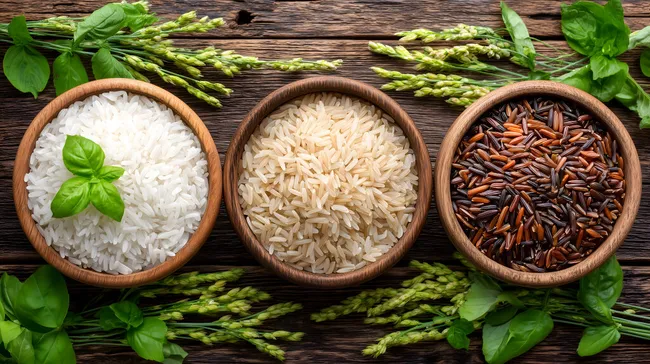 Verschiedene Reissorten in Holzschalen mit Gewürzen