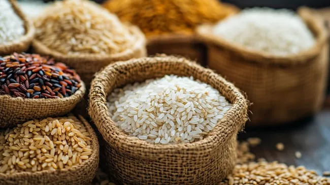 Verschiedene Reissorten in rustikalen Jutebeuteln