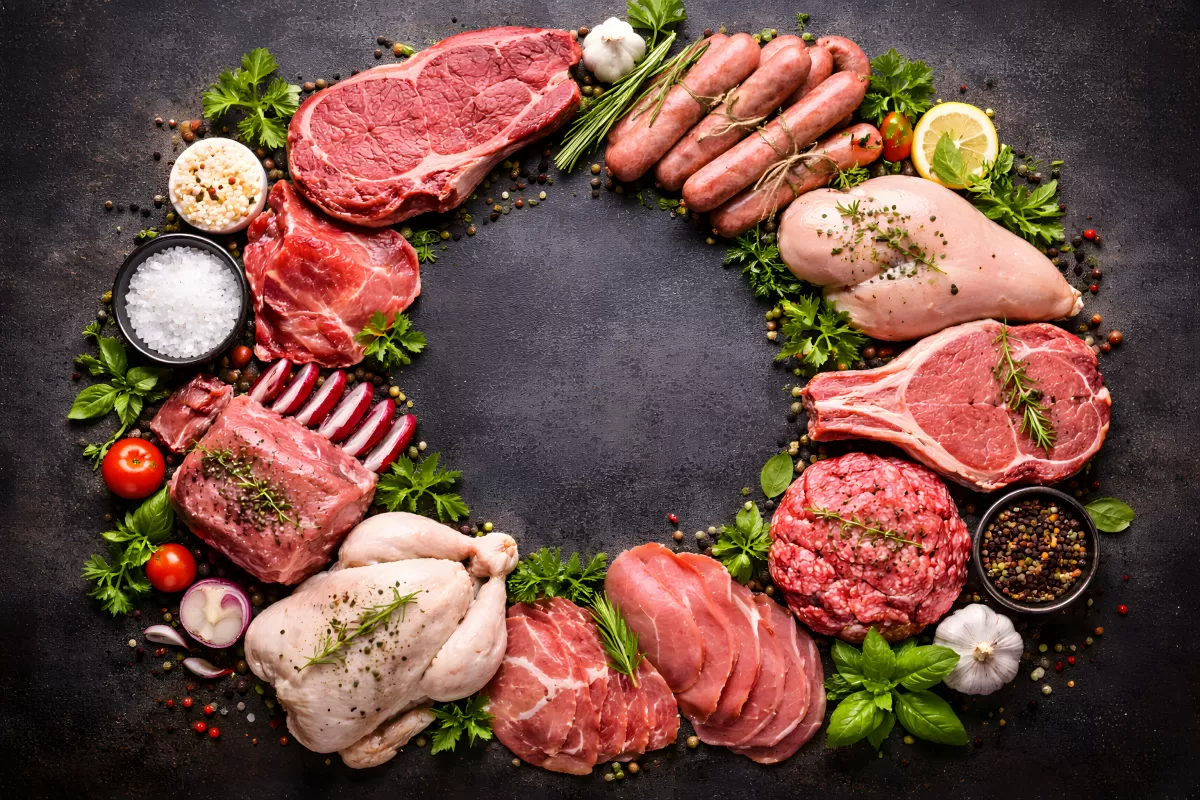 Verschiedene rohe Fleischsorten mit frischen Kräutern