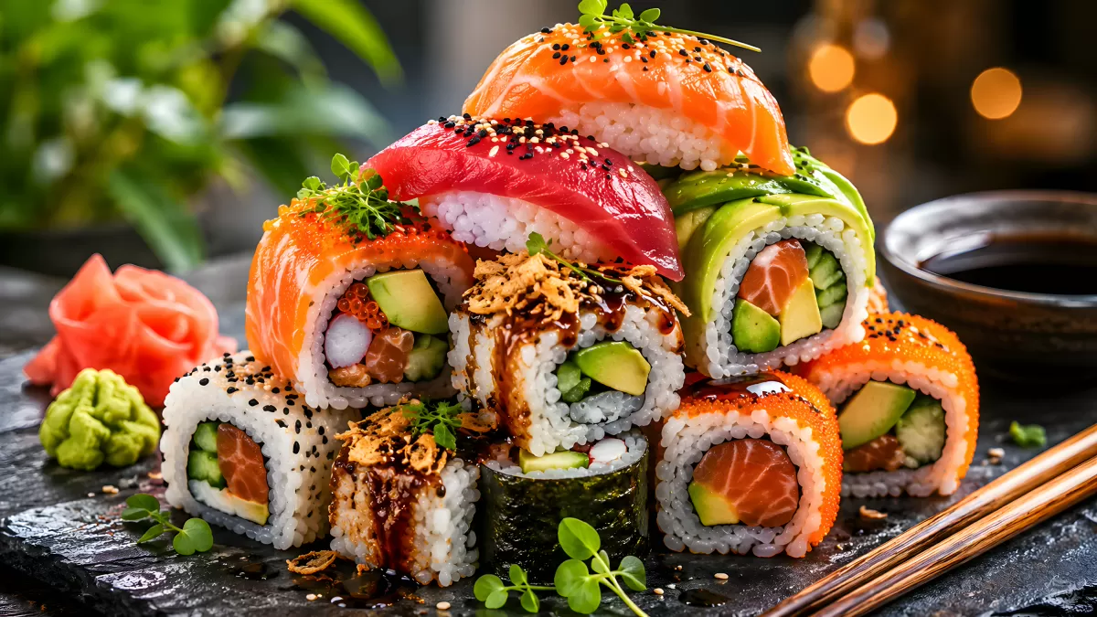 Verschiedene Sushi-Rollen auf Schieferplatte angerichtet