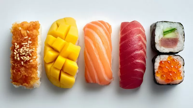 Verschiedene Sushirollen und Nigiri mit Fisch und Mango