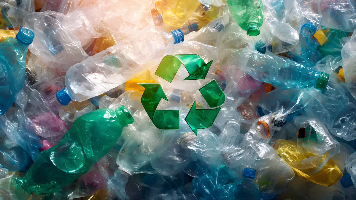 Verschiedenfarbige Plastikflaschen mit Recycling-Symbol