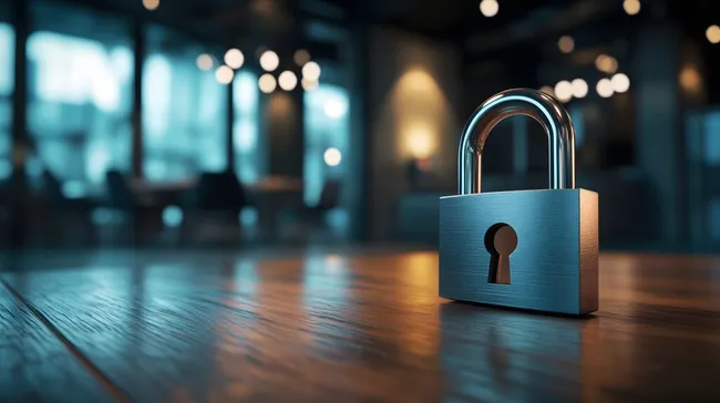 Verschlossenes Schloss auf Holztisch vor Bokeh-Hintergrund