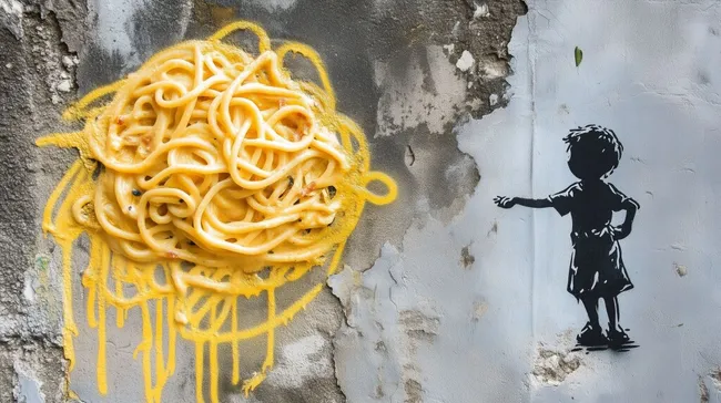 Verschlungene Nudeln und Straßen-Grafitti