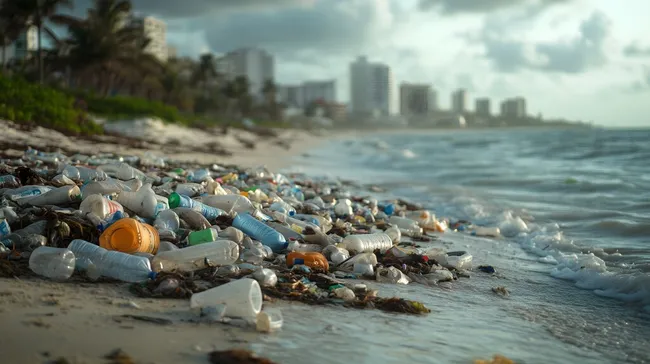 Verschmutzter Strand mit Plastikmüll an der Küste