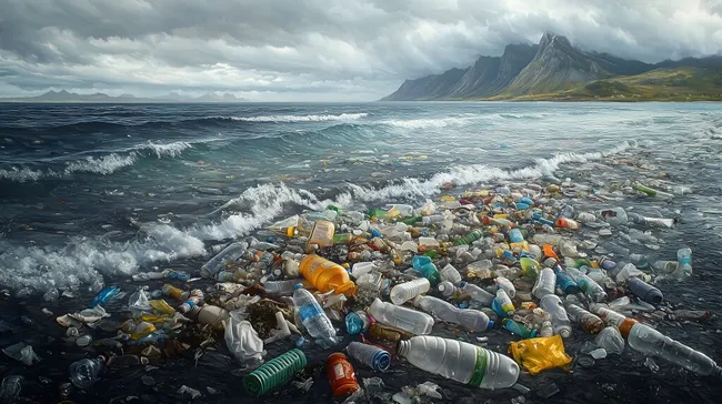 Verschmutzter Strand voller Plastikflaschen und Müll am Meer