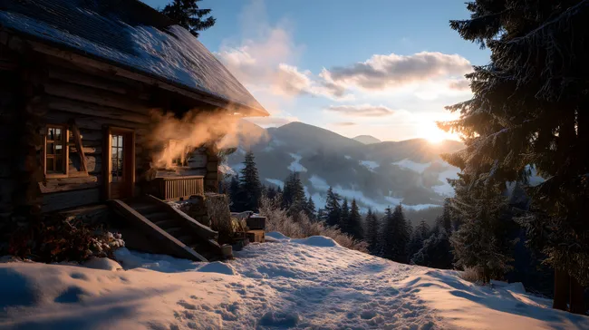 Verschneite Almhütte am Bergfuß im Abendrot