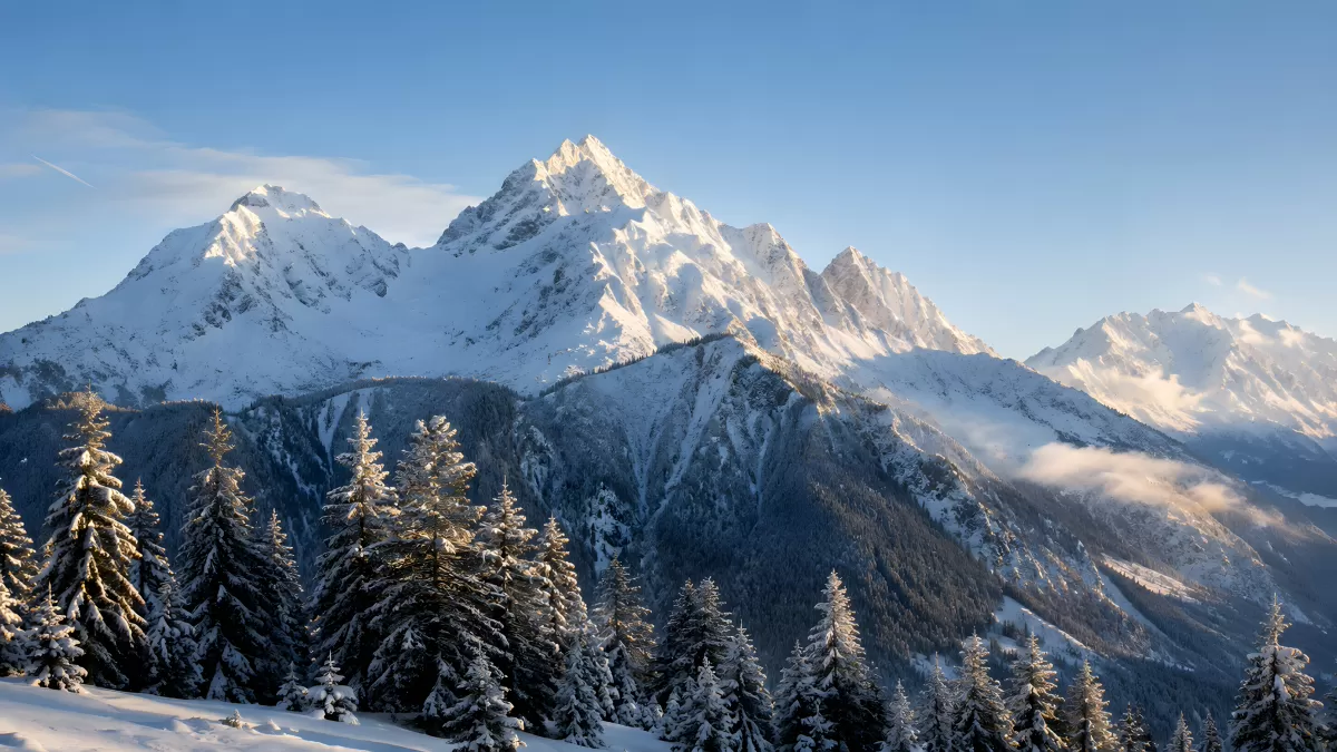 Verschneite Alpengipfel im Winter mit Tannenwald