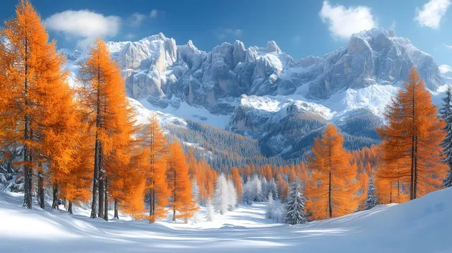 Verschneite Berglandschaft mit orangefarbenen Lärchen