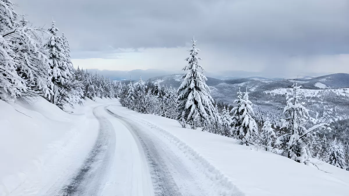 Verschneite Bergstraße durch Winterwald mit Aussicht