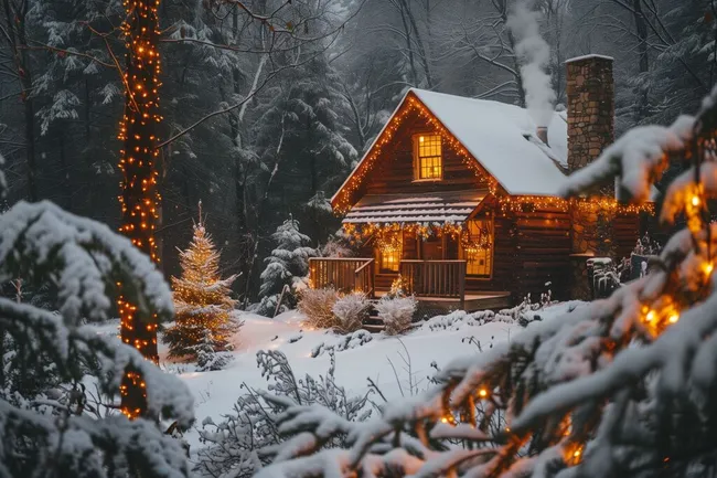 Verschneite Holzhütte im Winterwald