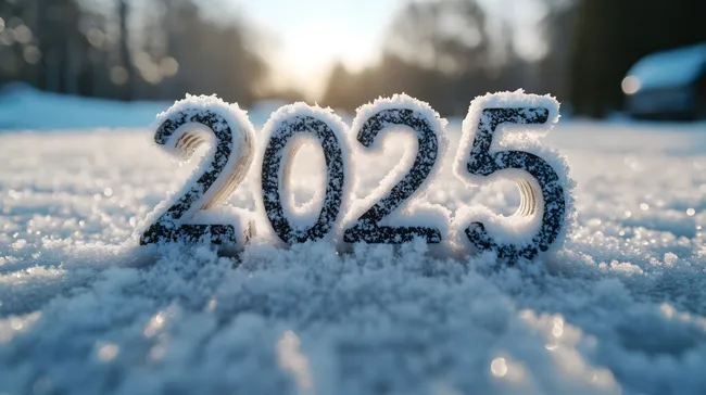 Verschneite Jahreszahl 2025 auf Winterlandschaft
