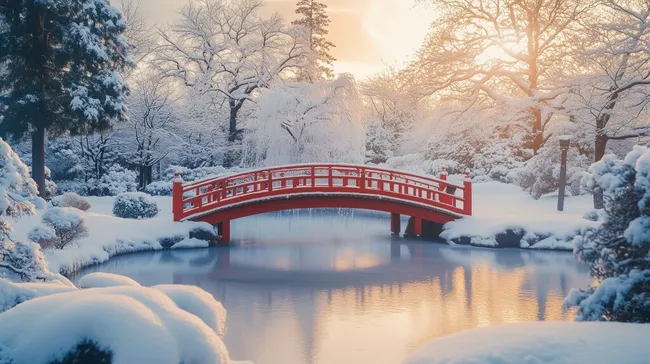 Verschneite japanische Garten-Brücke im Winterlicht