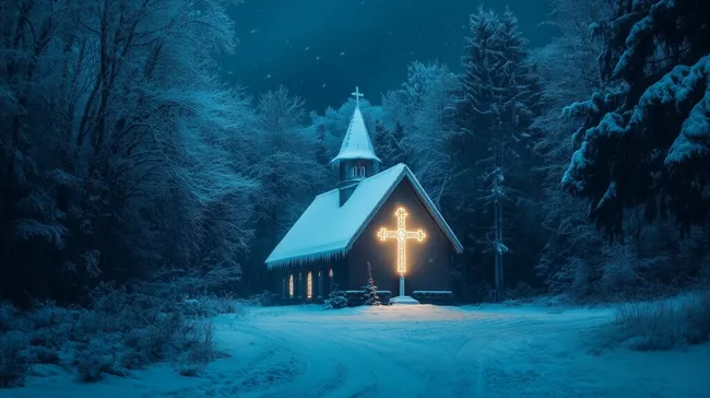 Verschneite Waldkapelle mit leuchtendem Kreuz in der Nacht