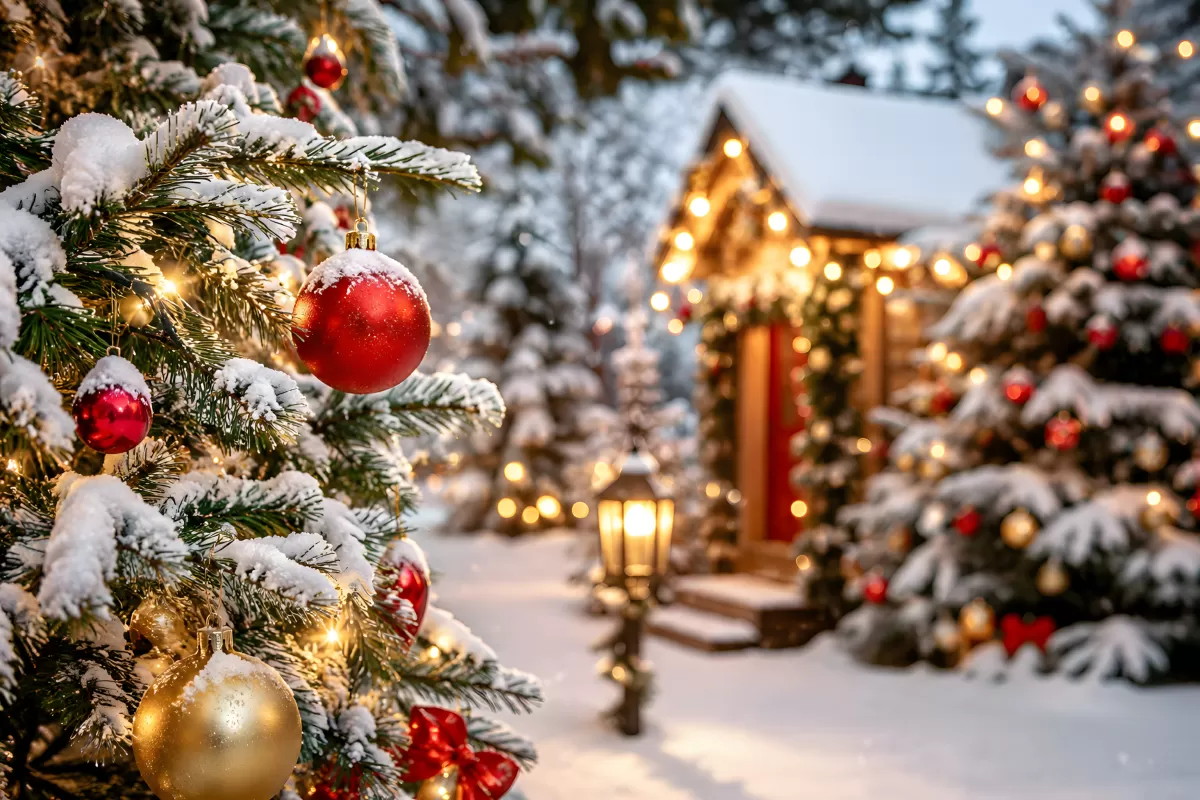 Verschneite Weihnachtsbäume vor beleuchtetem Holzhaus