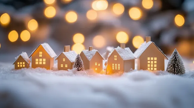 Verschneite Weihnachtshäuser mit Lichterzauber