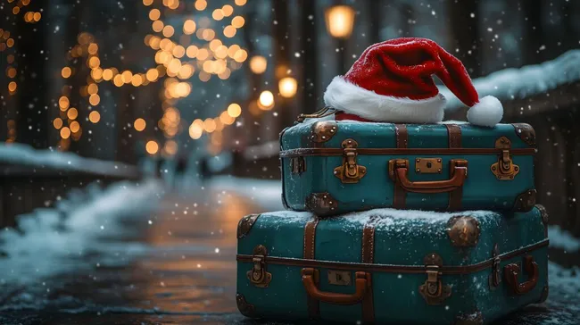 Verschneite Weihnachtsreise mit Koffern