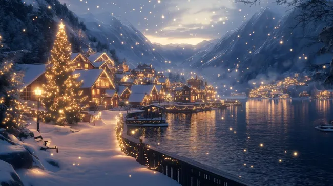 Verschneite Weihnachtsstadt am Berg-See bei Nacht