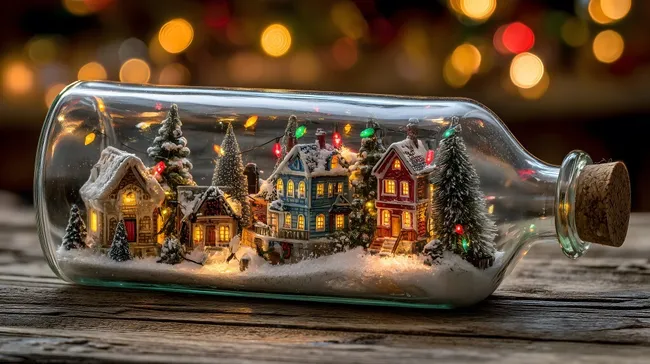 Verschneite Weihnachtsstadt in Glasflasche