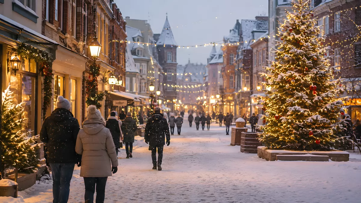 Verschneite Weihnachtsstadt mit Lichtern und Passanten