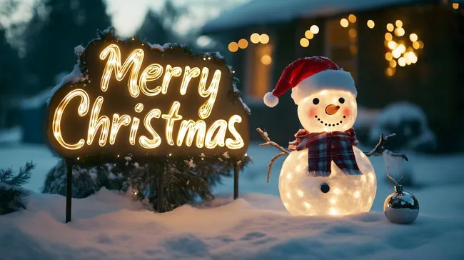 Verschneite Weihnachtsszene mit beleuchteter Schneefigur