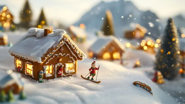 Verschneite Weihnachtsszene mit Lebkuchenhäuschen