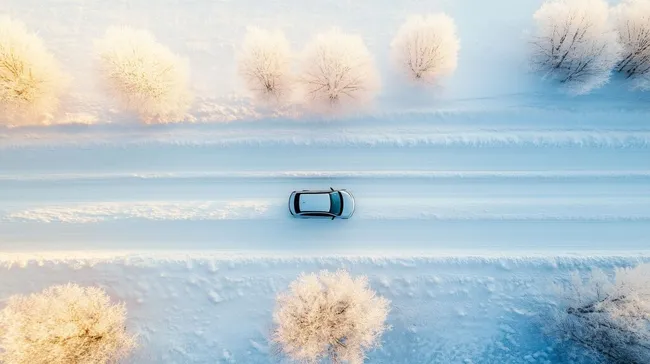 Verschneite Winterlandschaft mit Panoramaaussicht und Fahrzeug