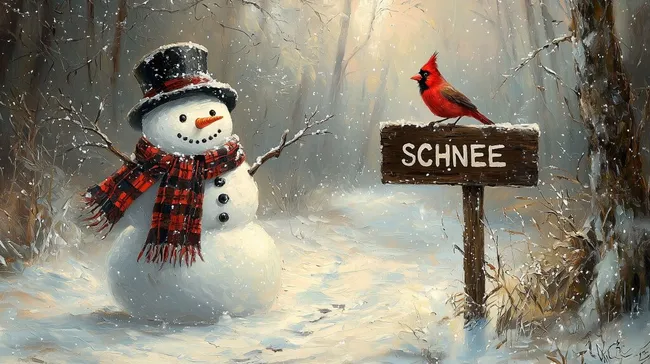 Verschneite Winterlandschaft mit Schneemann und Kardinal