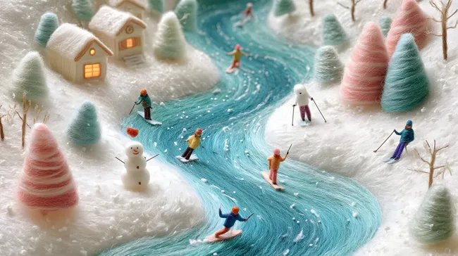 Verschneite Winterlandschaft mit Skifahrern an Eisfluss