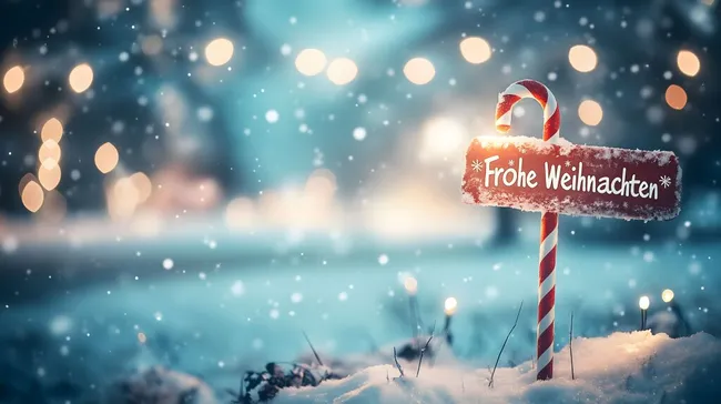 Verschneite Winterlandschaft mit Zuckerstangen-Weihnachtsschild