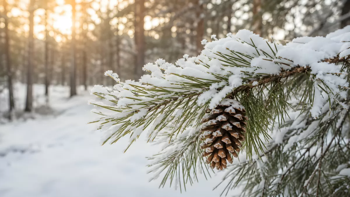 Verschneiter Kiefernzweig mit Zapfen im Winterwald
