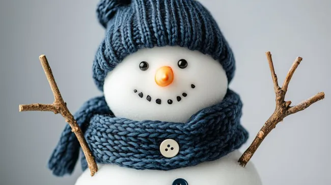 Verschneiter Schneemann mit blauer Mütze und Schal