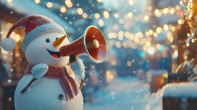 Verschneiter Schneemann mit Megafon an Weihnachtsmarktstand
