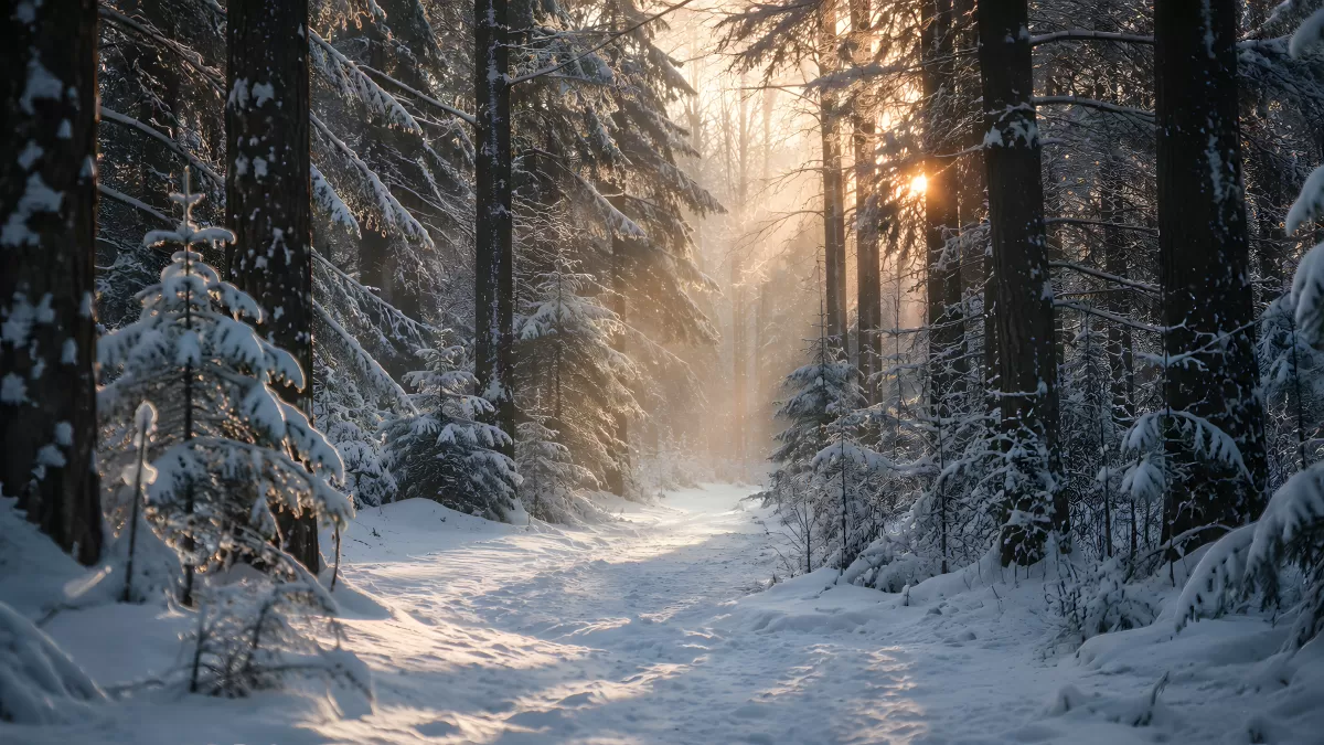 Verschneiter Waldweg im Winterlicht bei Sonnenaufgang
