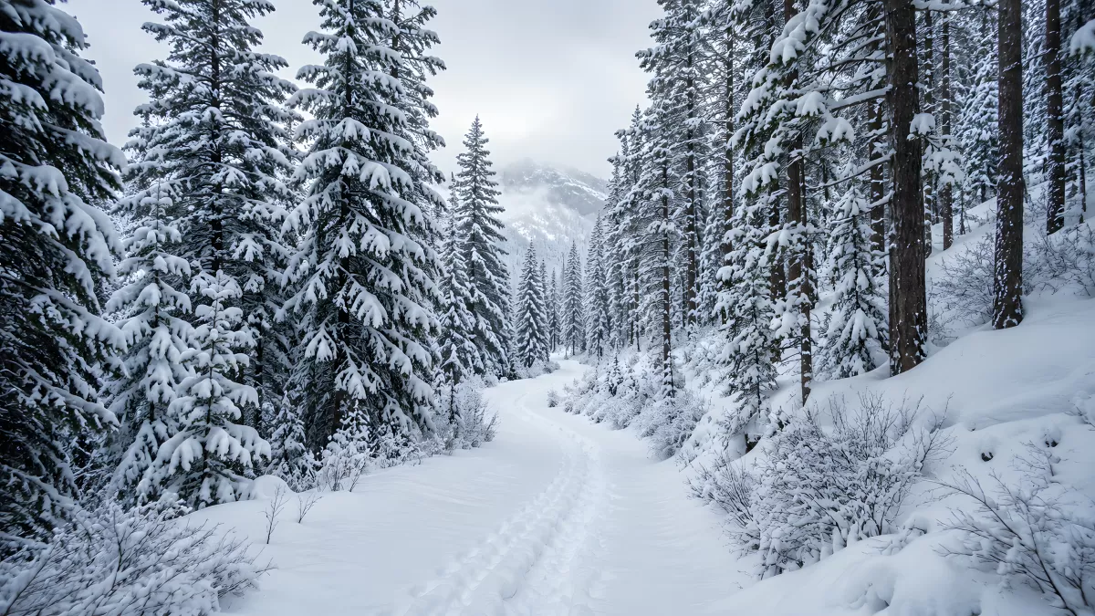 Verschneiter Waldweg zwischen Tannen im Winter — Bild kostenlos herunterladen
