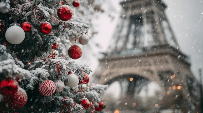 Verschneiter Weihnachtsbaum vor Eiffelturm in Paris