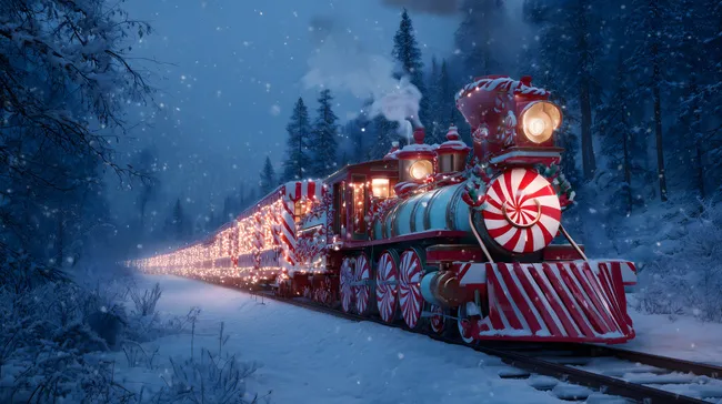 Verschneiter Weihnachtszug mit Zuckerstangen-Motiven