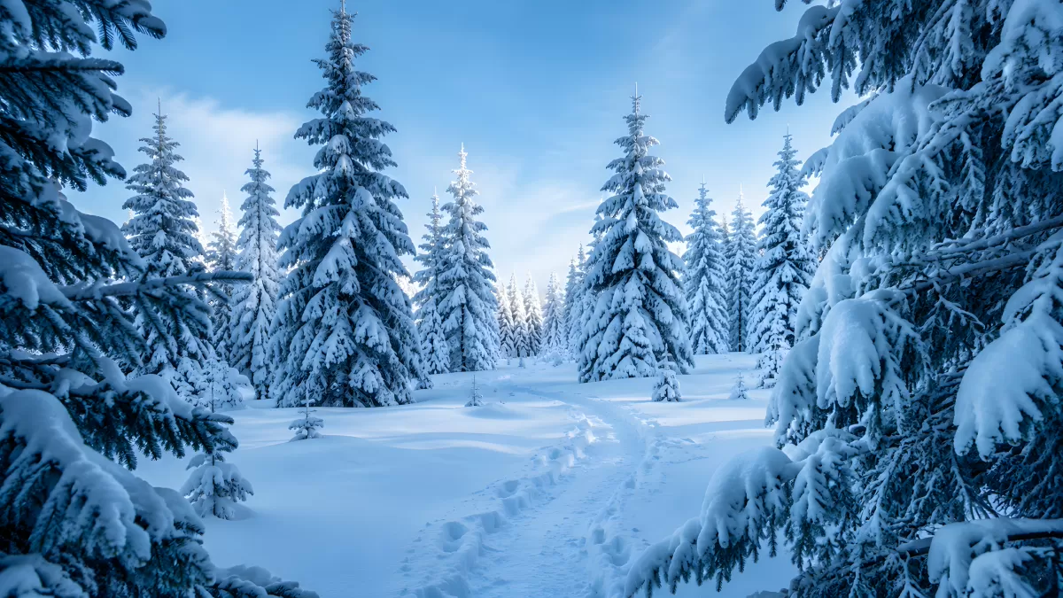 Verschneiter Winterwald mit Fußspuren im Schnee