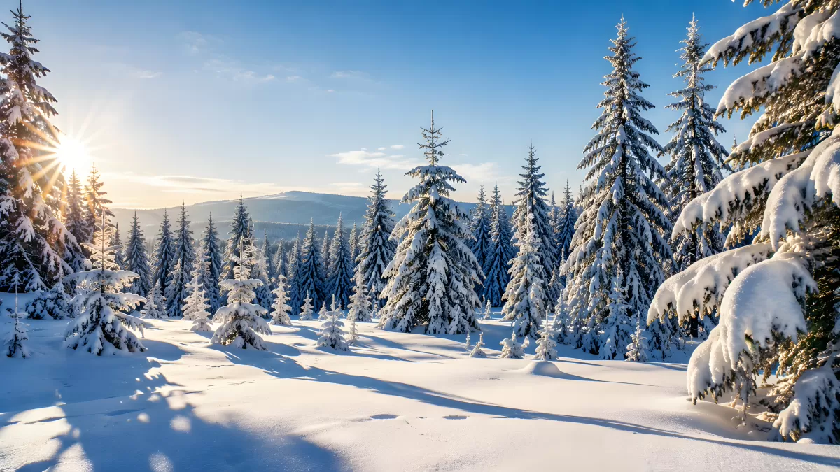 Verschneiter Winterwald mit Sonnenstrahlen im Gebirge
