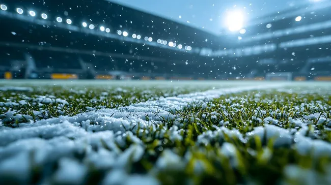 Verschneites Fußballstadion im Schneetreiben