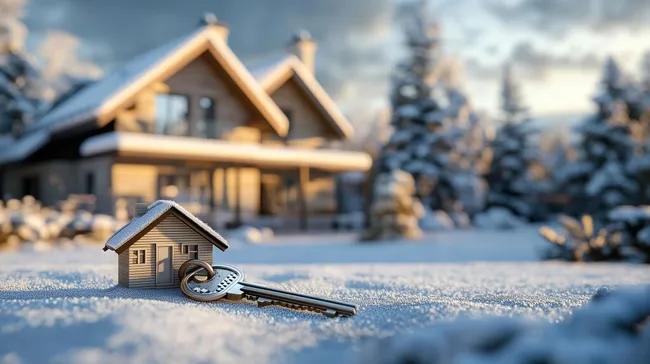 Verschneites Landhaus und Schlüssel im Winterwunderland
