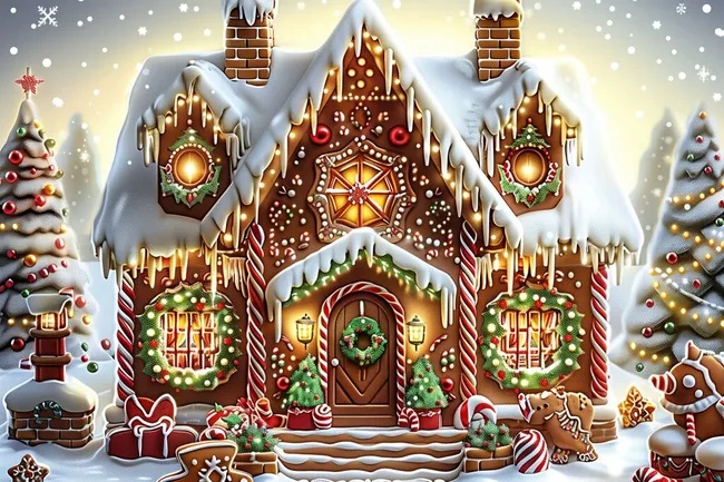 Verschneites Lebkuchenhaus mit festlicher Weihnachtsdekoration