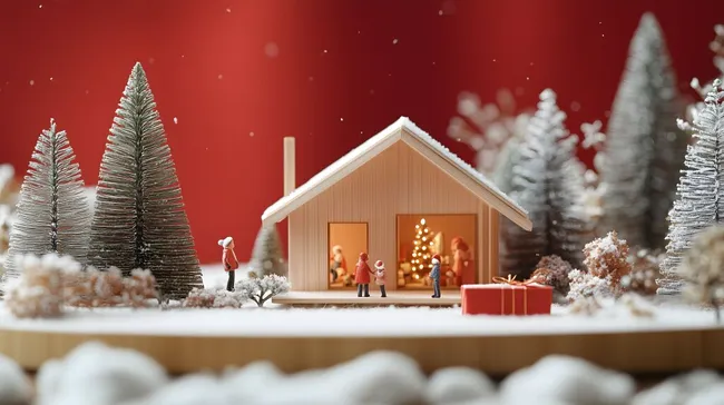 Verschneites Weihnachtsdorf mit Holzhütte und Figuren