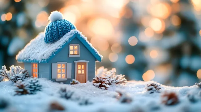 Verschneites Winterhaus mit beleuchteten Fenstern